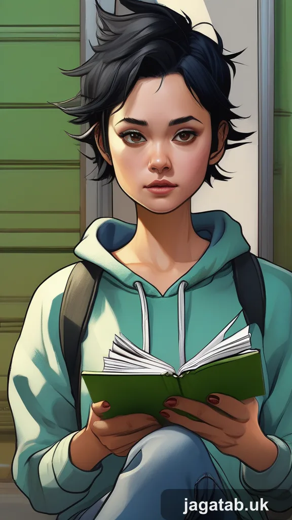 Young Woman Short Messy Black Hair Hoodi F19b